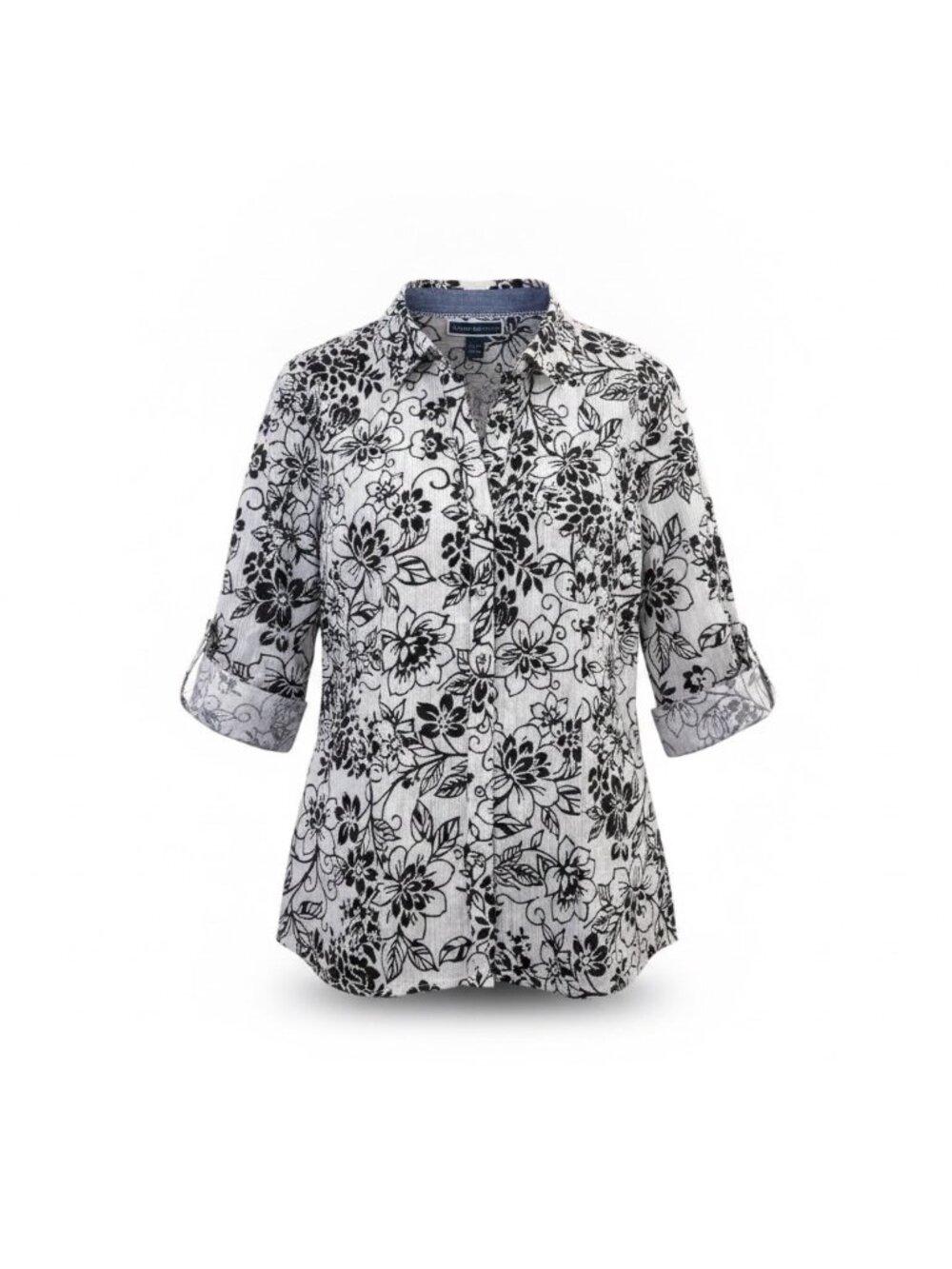 Karen Scott Women Black White Floral Cotton Button Front Blouse Shirt Size L